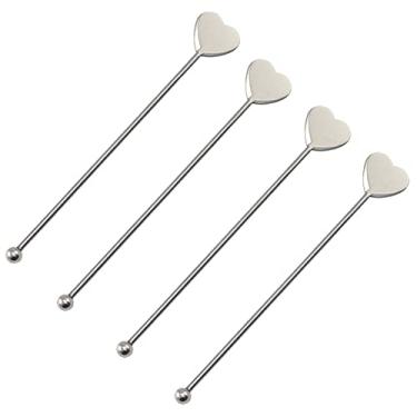 Imagem de 4 peças de mexedor mexedor de café mexedor de coquetel aço inoxidável agitador de bebidas de café mexer coquetel bebida bastão com pás em forma de coração, prata