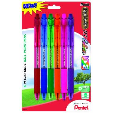 Imagem de Pentel R.S.V.P. RT Colors nova caneta esferográfica retrátil, linha média, cores de tinta sortidas, pacote com 6 (BK93CRBP6M)