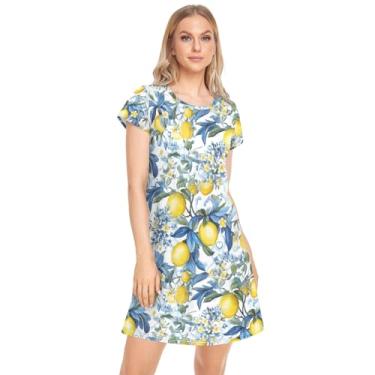Imagem de CHIFIGNO Camisola feminina com estampa macia, vestido de noite bonito para mulheres, P-GGG, Flores azuis de limão amarelo estilo siciliano, G