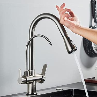 Imagem de Torneira de cozinha com filtro de sensor de toque, torneira de cozinha de latão com água pura, torneira misturadora giratória, guindaste de água quente e fria, modo de 2 vias, níquel escovado