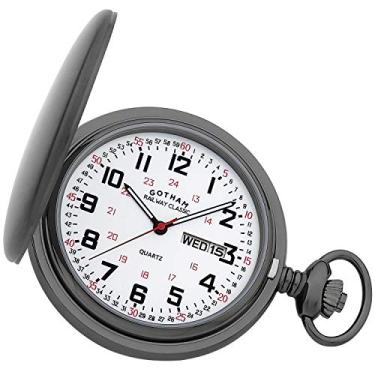 Imagem de Gotham Relógio masculino Railway Classic Gunmetal aço inoxidável analógico quartzo dia/data Hunter relógio de bolso # GWC14110B