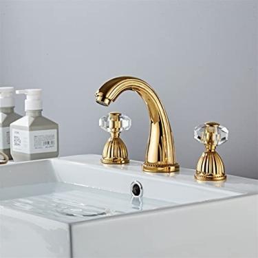 Imagem de Torneiras de lavatório de banheiro, torneiras montadas em deck cromado polido em latão, 3 furos duplos com alça de broca Torneira de água quente e fria (Cor: Ouro)