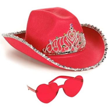 Imagem de Funcredible Tiara chapéu de cowboy e óculos - chapéu de cowboy brilhante para mulheres - chapéu formal com coroa - acessórios de fantasia de vaqueira, Vermelho, One Size Fits Most