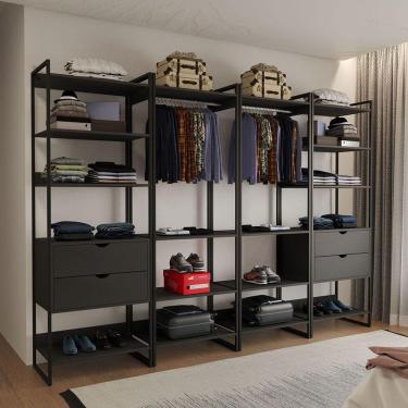 Imagem de Closet Industrial Casal Completo Loft Preto 4 Módulos Cabideiro com Gavetas Ferro Preto