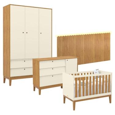 Imagem de Quarto de Bebê Unique 3 Portas com Cômoda Sapateira e Painel Farm com Led Off White Freijó Eco Wood - Matic