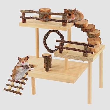 Imagem de HOSUKKO Brinquedos de escalada para hamster, 3 camadas, extra grande, para hamster, playground, madeira natural, plataforma, para hamster, atividade de exercício para hamster, plataforma de escalada com ponte para presente