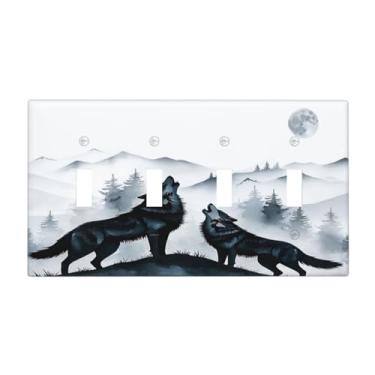 Imagem de Spshian Capa para interruptor de luz, preto, branco, tinta, floresta, lobo, lua, montanha, 4 gangs, placas de parede com interruptor quádruplo placa decorativa para decoração de banheiro e quarto