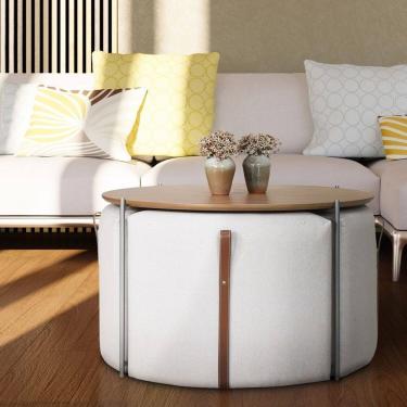 Imagem de Conjunto Onix Mesa Centro Ø82,5 Madeira/metal e 04 Puff Amêndoa/Níquel