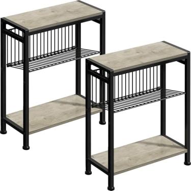 Imagem de Conjunto de 2 mesas laterais pequenas para espaços pequenos, mesa de canto estreita de 3 camadas com suporte de revista, mesa de cabeceira fina, mesa de sofá de lanche skinny na sala de estar, quarto,