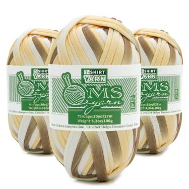 Imagem de 3 novelos de fio de camiseta chique, fio de crochê de tecido para bolsa de crochê/projeto de artesanato/decoração de casa, 100 g, 30 jardas/27 m (nº 26 branco e cáqui)