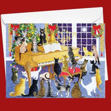 Imagem de Galison Christmas Chorus – Conjunto de cartões de notas com adoráveis gatos natalinos reunidos em torno de 20 cartões e 21 envelopes