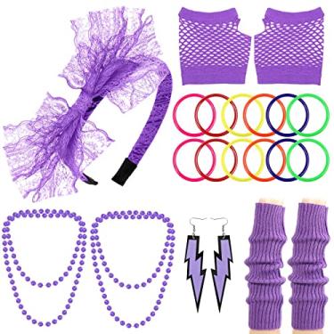 Imagem de PAXCOO Acessórios dos anos 80 para mulheres, fantasia feminina dos anos 80 com faixa de cabeça neon, polainas para mulheres meninas festa dos anos 80