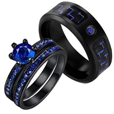 Imagem de Anéis de casal banhados a preto azul CZ conjuntos de alianças de casamento masculinas de aço titânio (compre 2 anéis para 1 par), Cristal Metal Pedra Cristal Metal strass pedra, Zircônia cúbica