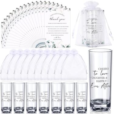 Imagem de Sliner Conjunto de 50 lembrancinhas de casamento para convidados a granel 60 g Copos de shot de acrílico Cheers to Love com cartões de agradecimento, sacos de organza para convidados, lembranças de