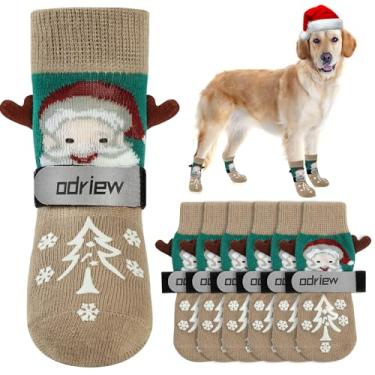 Imagem de ODRIEW Meias de Cachorro de Natal para Evitar Lamber As Patas, 6 Peças Meias de Cachorro Antiderrapantes de Dupla Face para Pisos de Madeira Antiderrapantes, Meias de Cachorro com Tiras Elásticas Refl
