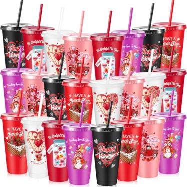 Imagem de Uiifan 24 peças de copo de plástico para dia dos namorados com tampa e canudo 680 g presentes de dia dos namorados reutilizáveis copos para amigos família dia dos namorados suprimentos de festa (moda)
