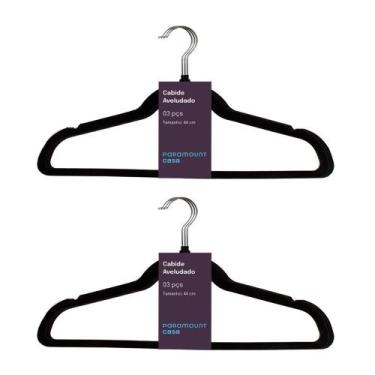 Imagem de Kit 6 Cabides Veludo Preto Gancho Prata Antideslizantes 44cm - Paramou