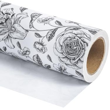 Imagem de WRAPAHOLIC Rolo de papel de embrulho floral jumbo Kraft - 76 cm x 80 cm - Design floral vintage preto e branco para aniversário, chá de panela, casamento, chá de bebê