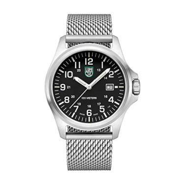 Imagem de Luminox Relógio masculino G Patagonia 43 mm – Relógio militar com função de data, resistente à água até 100 m – Diferentes variações, Caixa: Prata, Mostrador: Preto, Pulseira: Prata, Número: Branco
