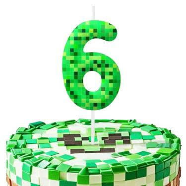 Imagem de Velas com número de 6 anos da Green Pixel, decorações de bolo de velas número 6 para festas temáticas de jogos de pixel verde, velas de bolo de aniversário para meninos e meninas, suprimentos de festa