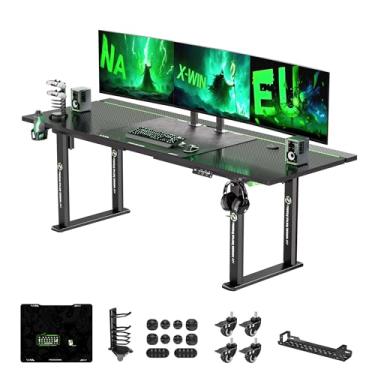 Imagem de Klobel Mesa para jogos de 180 cm x 76 cm, altura elétrica ajustável de 4 pernas, mesa sentada para ficar em pé com luz de LED e rodas de bloqueio, design flip-top, mesa ergonômica para computador,