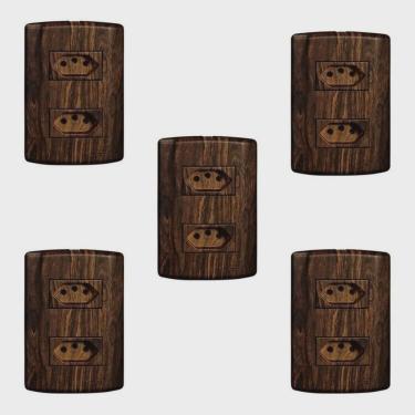 Imagem de Cinco Conjuntos com 2 Tomadas 2p + t 20A 250v, Modular, com Placa 4x2 e Suporte Madeirado Imbuia