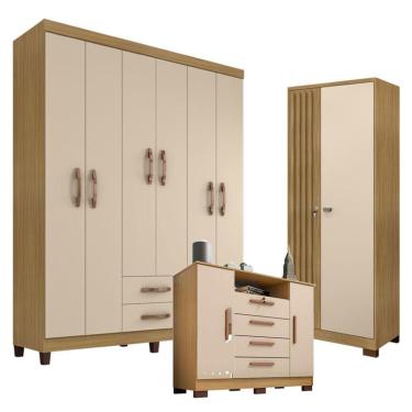 Imagem de Guarda Roupa Casal Modena 6 Portas com Cômoda Madri e Armário Multiuso Versatile 2 Portas com Chave Carvalho Americano Off White - Incorplac