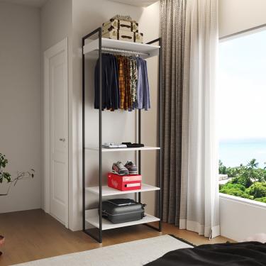 Imagem de Closet Modulado Estilo Industrial Solteiro Loft Branco Cabideiro Ferro Preto