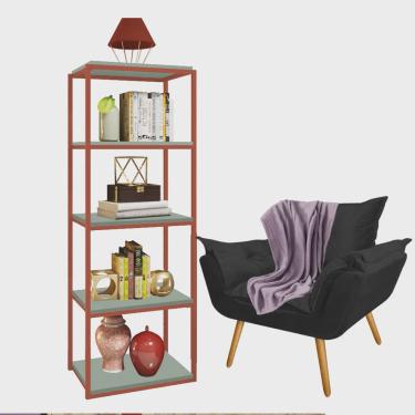 Imagem de Kit Poltrona Fatte com Manta Soft Lilás e Estante Livreiro Ferro Bronze mdf Verde Oliva Suede Preto - Ahz Móveis