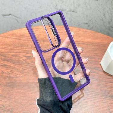 Imagem de HPQWN Para S24 Ultra Fold Lens Case Transparente Magnético Wirelesss Charge Hard Cover (Para S24 Ultra/Deep Purple)