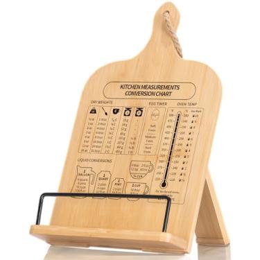 Imagem de IKEDAS Suporte de livro de receitas de bambu, suporte de livro de receitas resistente com tabela de conversão de medidas, suporte de livro de receitas para bancadas de cozinha, acessórios essenciais
