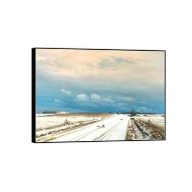 Imagem de Pintura de arte de parede em tela paisagem imagem de natureza - impressão em tela - cavalo e carrinho no inverno - pôster de moldura preta e impressões para decoração de casa moderna 50 x 70 cm 20 x