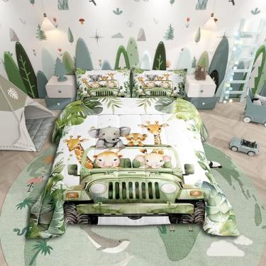 Imagem de Erosebridal Conjunto de edredom solteiro com desenho animado, animais selvagens, floresta, botânico, girafa, elefante, macaco, caminhonete, verde, caminhonete