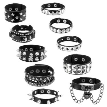 Imagem de PLIGREAT 10 pulseiras punk de couro preto gótico steampunk fivela pulseira pulseira de punho retrô ajustável Cool Rock Cuff pulseiras para homens mulheres cosplay boate festa brindes presente