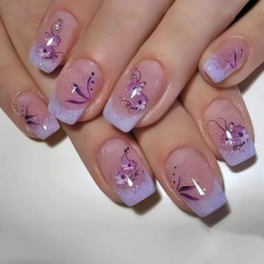 Imagem de RTKHFZE Unhas Postiças De Pressão, Médias, Roxas, Ponta Francesa, Unhas Postiças Quadradas Com Glitter E Desenhos De Flores Roxas, Unhas Coladas, Unhas Artificiais Brilhantes, Unhas Acrílicas Natura