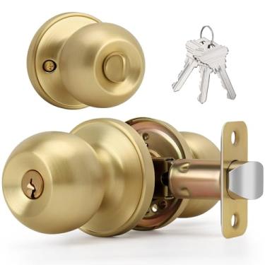 Imagem de LOQRON Maçaneta de porta com design de esfera dourada escovada com chaves e trava, maçaneta redonda de entrada com chave para portas dianteiras/de entrada, acabamento em latão acetinado