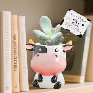 Imagem de KYIZVE Lindo vaso de vaca com cartão positivo – Vaso de suculenta de cerâmica animal, presente de gado de apoio emocional, pequeno vaso de flores de cacto para decoração de casa (vaca, 1)