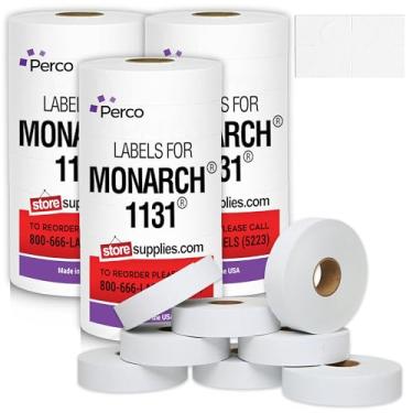 Imagem de Etiquetas de preço brancas para Monarch 1131 Price Gun – 4 mangas, pacote de valor de 32 rolos – 80.000 etiquetas de preço – com rolos de tinta incluídos
