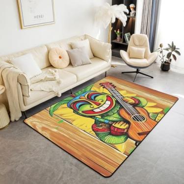 Imagem de Erosebridal Tiki Bar Carpete 7,5 x 12,5 cm Happy Havaí Festa Sala de Estar Tapete de Área de Guitarra Tema Musical para Cozinha, Sala de Jogos, Colorido, Estampa Tiki Tapete Interior para Decoração de