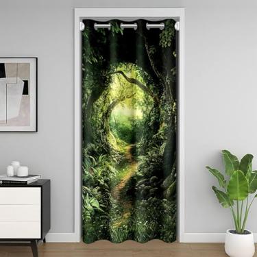 Imagem de meiyoeat Cortina de porta de árvore verde para privacidade de porta 86 x 203 cm 1 painel infantil natureza paisagem capa de armário cortina divisória de quarto místico lavável primavera cênica quarto