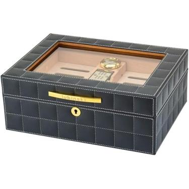 Imagem de Superfície De Couro Da Caixa De Charuto De Madeira Do Humidor Do Cedro Grande Capacidade De 50 Charutos Caixa De Armazenamento Do Charuto Com Humidificador Do Higrômetro, Grey