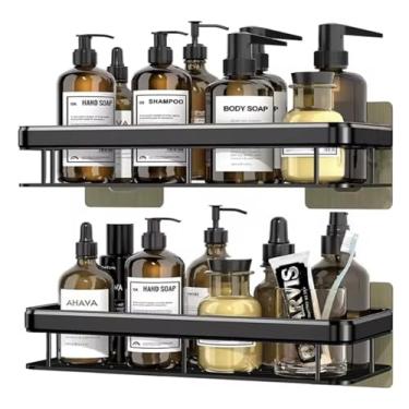 Imagem de Kit 2 Suporte Porta Shampoo Sabonete Banheiro Adesivo Parede Sem Furos Box Luxo, 2 Prateleiras, Nicho de Banheiro, Organizador, Reforçado, Resistente (não enferruja), Preto Decorativo.