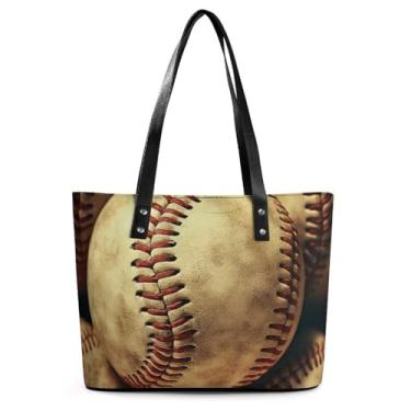 Imagem de WYUSPGK Sacola elegante, bolsa de compras vintage de beisebol retrô americana, bolsa de couro para todos os fins, bolsa de ombro de couro, bolsa de couro multiuso, estilo, 29 x 34 x 14 cm