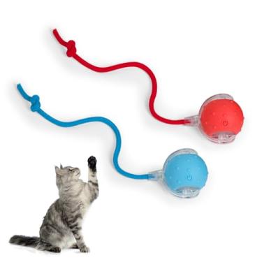 Imagem de KIYILEAF Bola de brinquedo interativa para gatos em ambientes internos, bola de brinquedo para gatos em movimento automático 3.0 atualizada com som de pássaro, recarregável por USB-C (azul + vermelho)