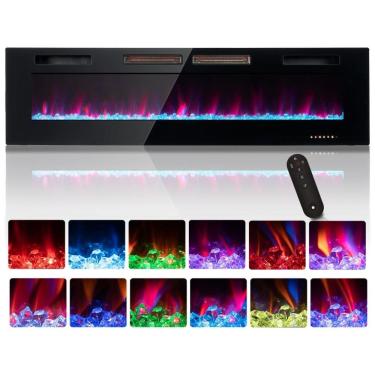 Imagem de Lareira Elétrica oneinmil de 173 cm, Embutida ou de Parede, Controle Remoto com Timer, 12 Cores de Chama Ajustáveis, Pedras de Cristal,