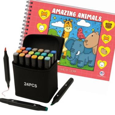 Imagem de KIT Livro Amazine Animals Capa Dura Colorir e 24 Canetas Touch Pontas 