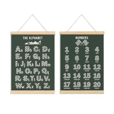 Imagem de ULEGIE Pôster de parede de carro de corrida alfabeto para meninos, pôsteres educativos para pré-escolares, impressões de arte para sala de jogos infantis, pôster de carro de corrida, conjunto de 2