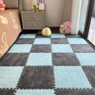 Imagem de 12 peças de carpete entrelaçado de espuma de pelúcia, tapetes macios e fofos com enchimento, tapetes coloridos de proteção de piso para casa, quarto de crianças, sala de jogos (azul claro e Rey, 11,8