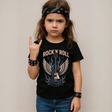 Imagem de Camiseta Infantil Unissex Estampada Rock'n Roll Guitarra Asas Fogo 057