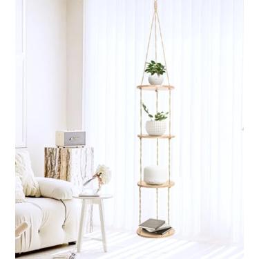 Imagem de Konload Prateleira de plantas pendurada em corda de cânhamo no teto para espaço estreito, prateleiras de plantas suspensas boho, suporte de madeira de pinho natural para uso interno, externo, canto